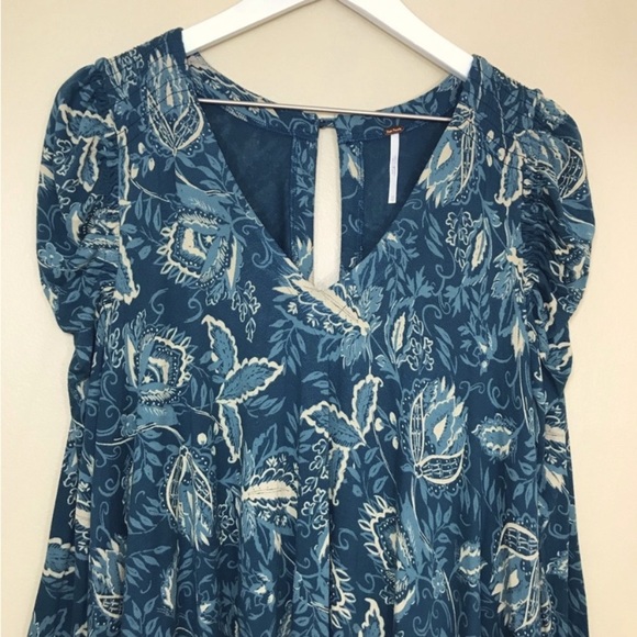 Free People Ruched Puff Sleeve Turquoise Floral Print Tunic Blouse Top Dress - Picture 10 of 12